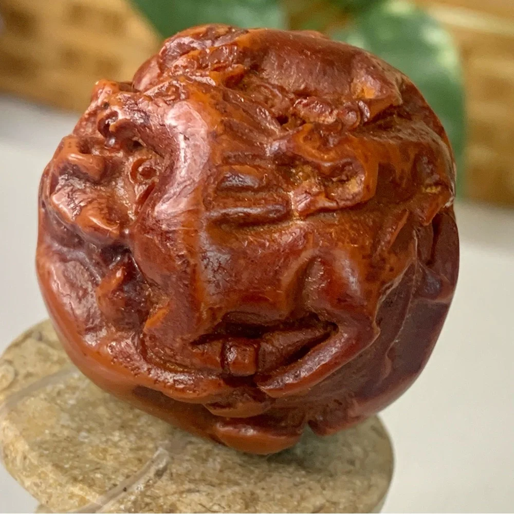 Faux Red Amber Carved Chinese Zodiac Ball 12 Animals Vintage Figurine Carving